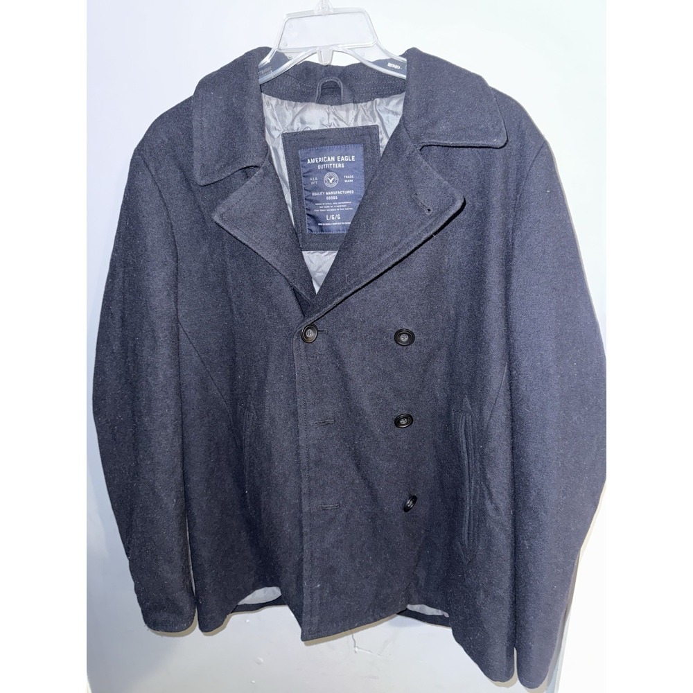 American Eagle Outfitters Men's WOOL Blend Peacoat L/G Double-Breasted‎ BLACK